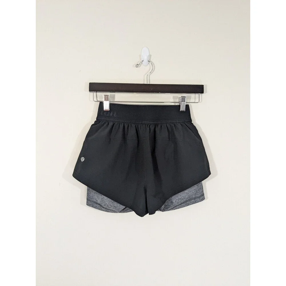 Lululemon Women’s Box It Out Shorts Black Spell Out Waistband Double Layer Sz 4